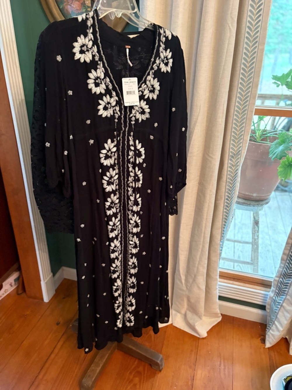 Free People Black Maxi Dress with White Floral Embroidery